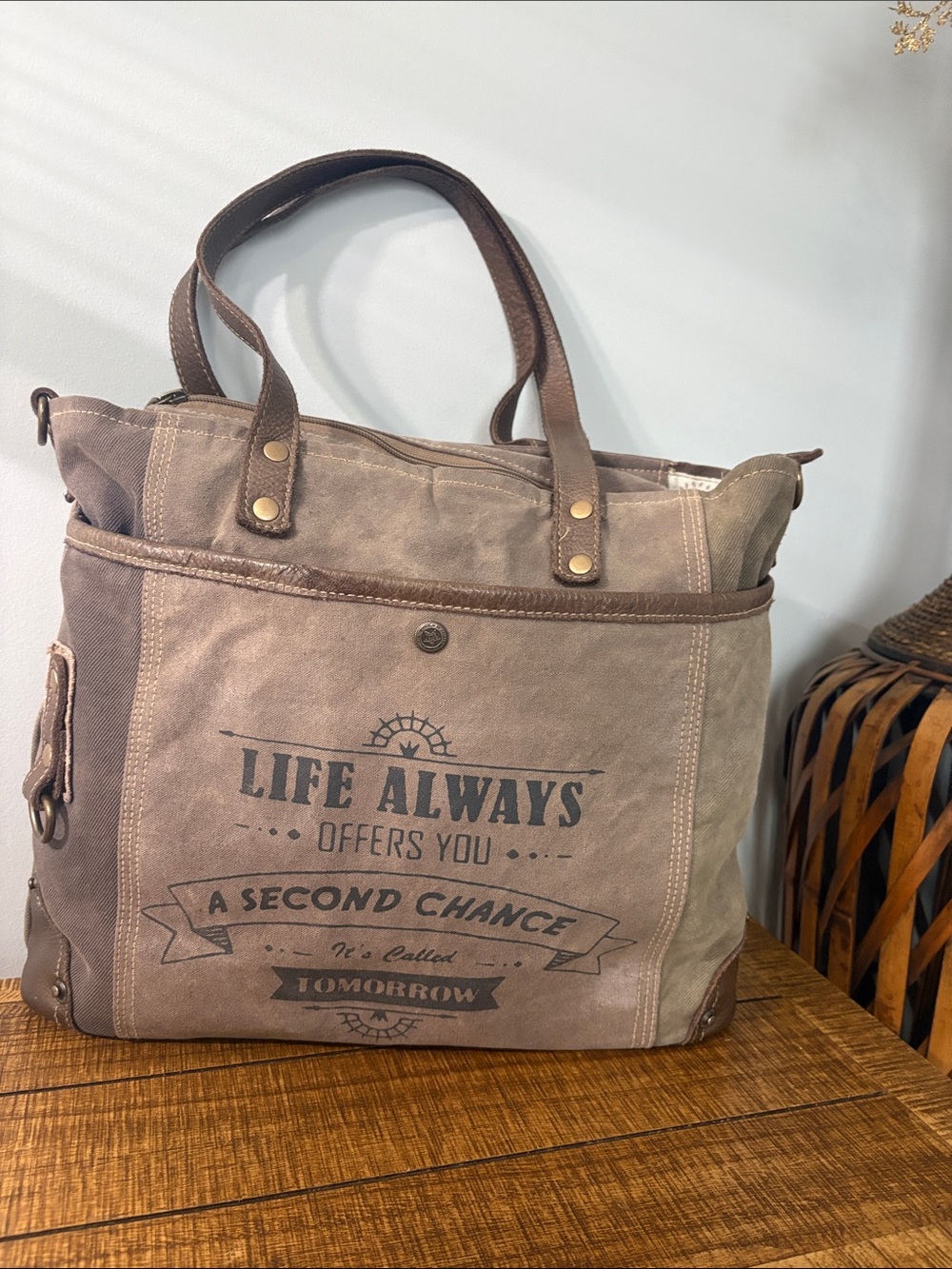 Myra Bag Brown Canvas Tote with Leather Accents